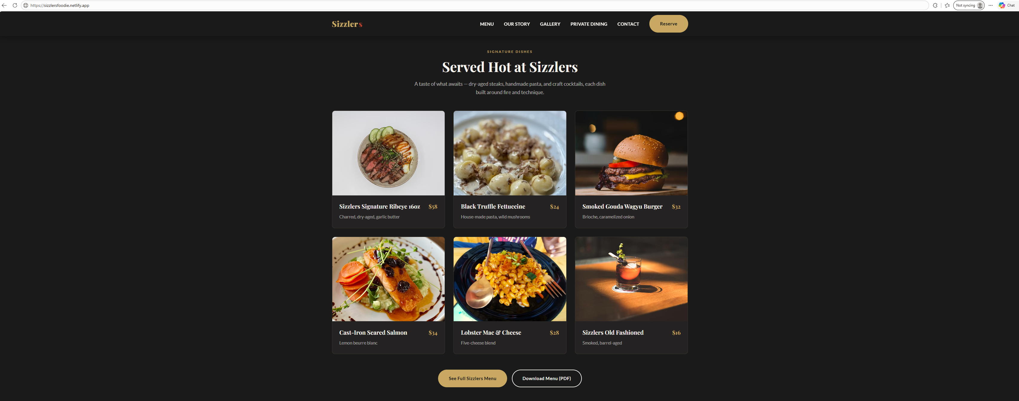 Sizzlers Steakhouse website preview